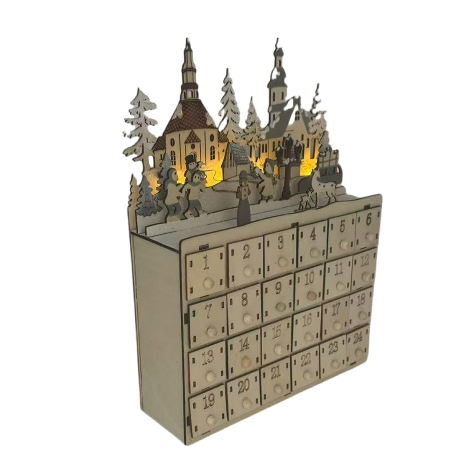 LED-beleuchteter Adventskalender aus Holz mit 24 Schubladen, Countdown-Kalender, Schreibtischdekoration, einzigartiger Weihnachtsfeiertag