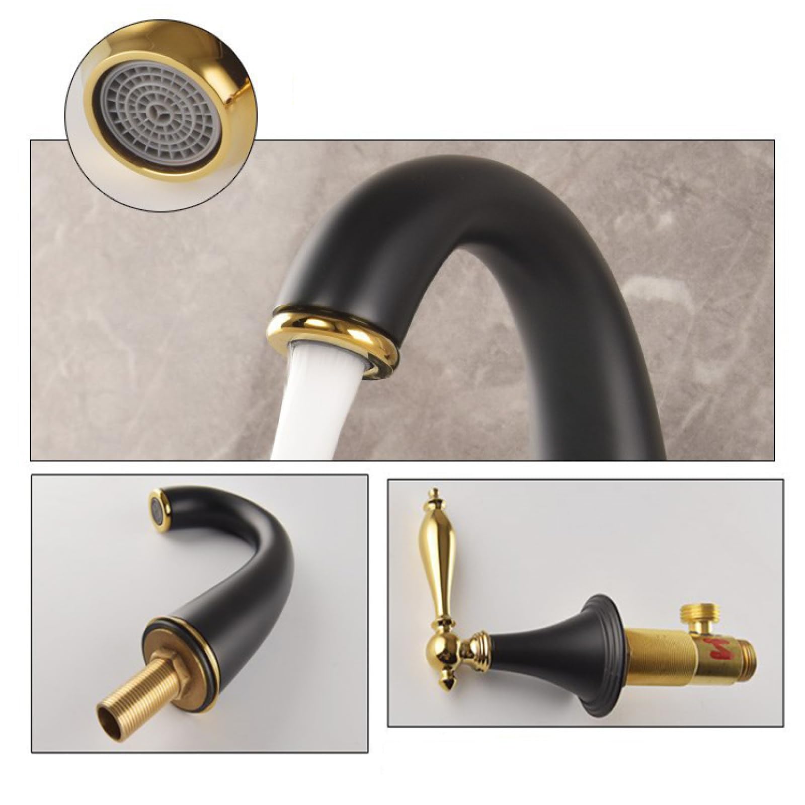 Waschbeckenarmatur 3-Loch Schwarzgold, Messingarmatur Badezimmer, Waschbeckenarmatur Warm- Und Kaltwassermischer, 3-Loch-Armatur Kompatibel Mit Waschbecken, 2-Griff-Badezimmerarmatur, Waschbeckenarmat