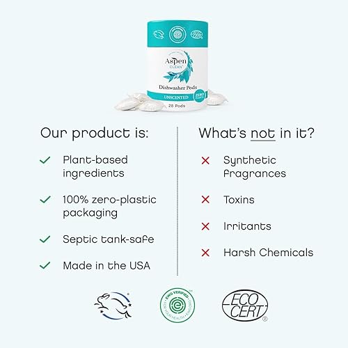 Miniatura 5 de Cápsulas de lavavajillas sin perfume de AspenClean, sin colorantes, cero plástico, EWG Verified™, vegano, ecológico, detergente natural