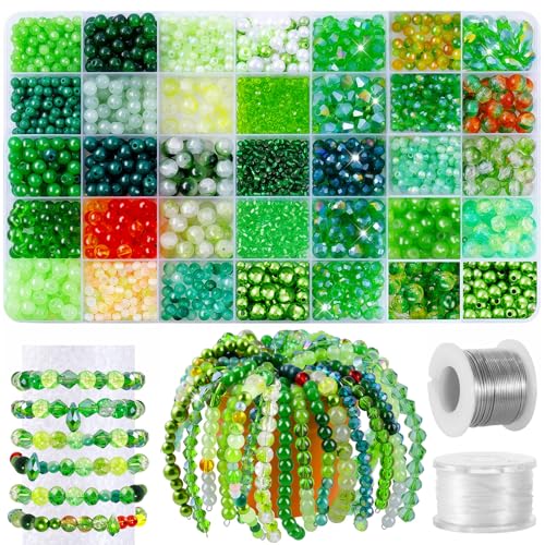 FOGWOWO 2102 Pcs Green Glass Beads with Elastic String,6mm Round Beads