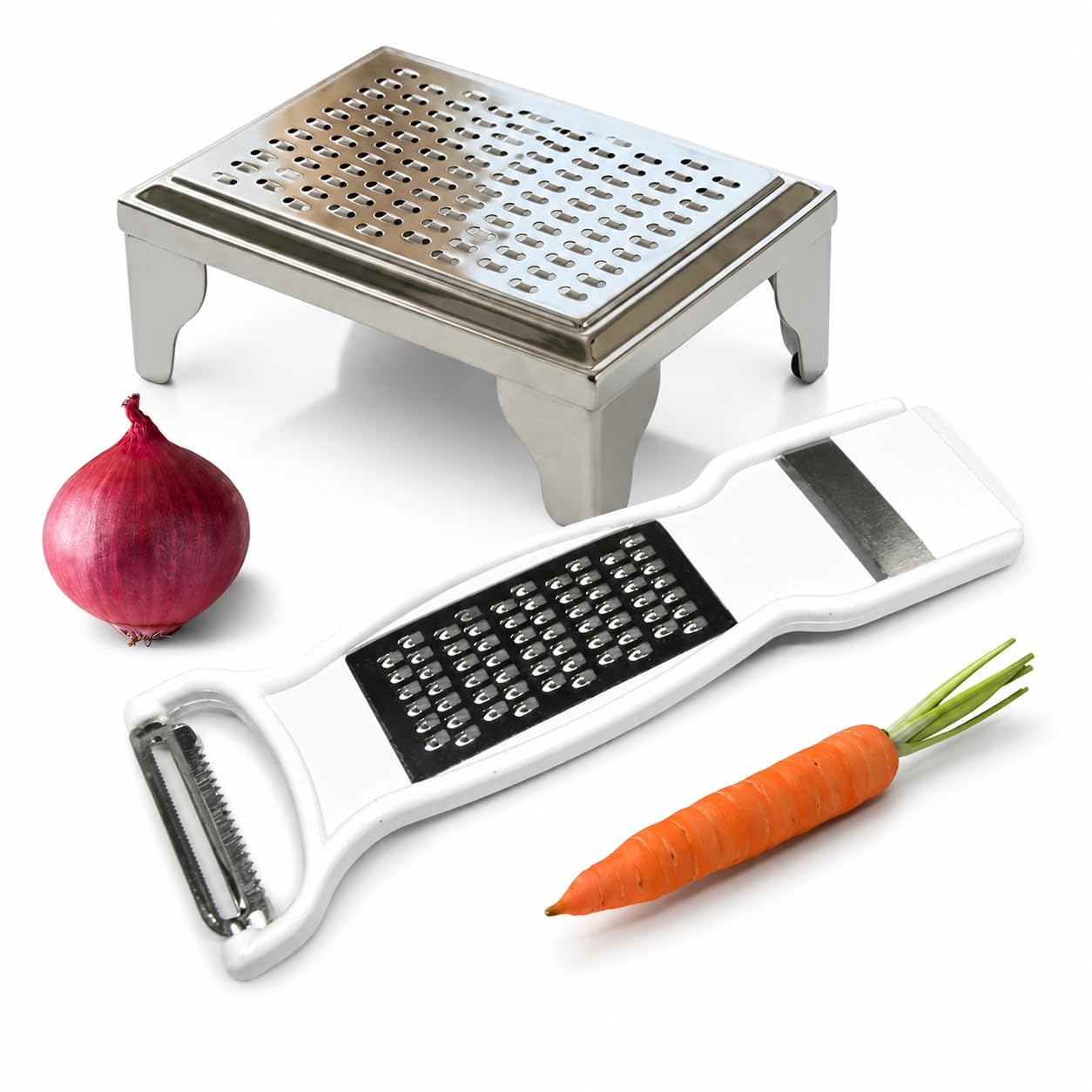 Stainless Steel Vegetable Grater with Peeler | Multipurpose Kitchen Grater for Cheese, Carrot, Cucumber, Ginger & Garlic | Rust Resistant Hand Grater with Peeler (2-in-1 Set)-image-9