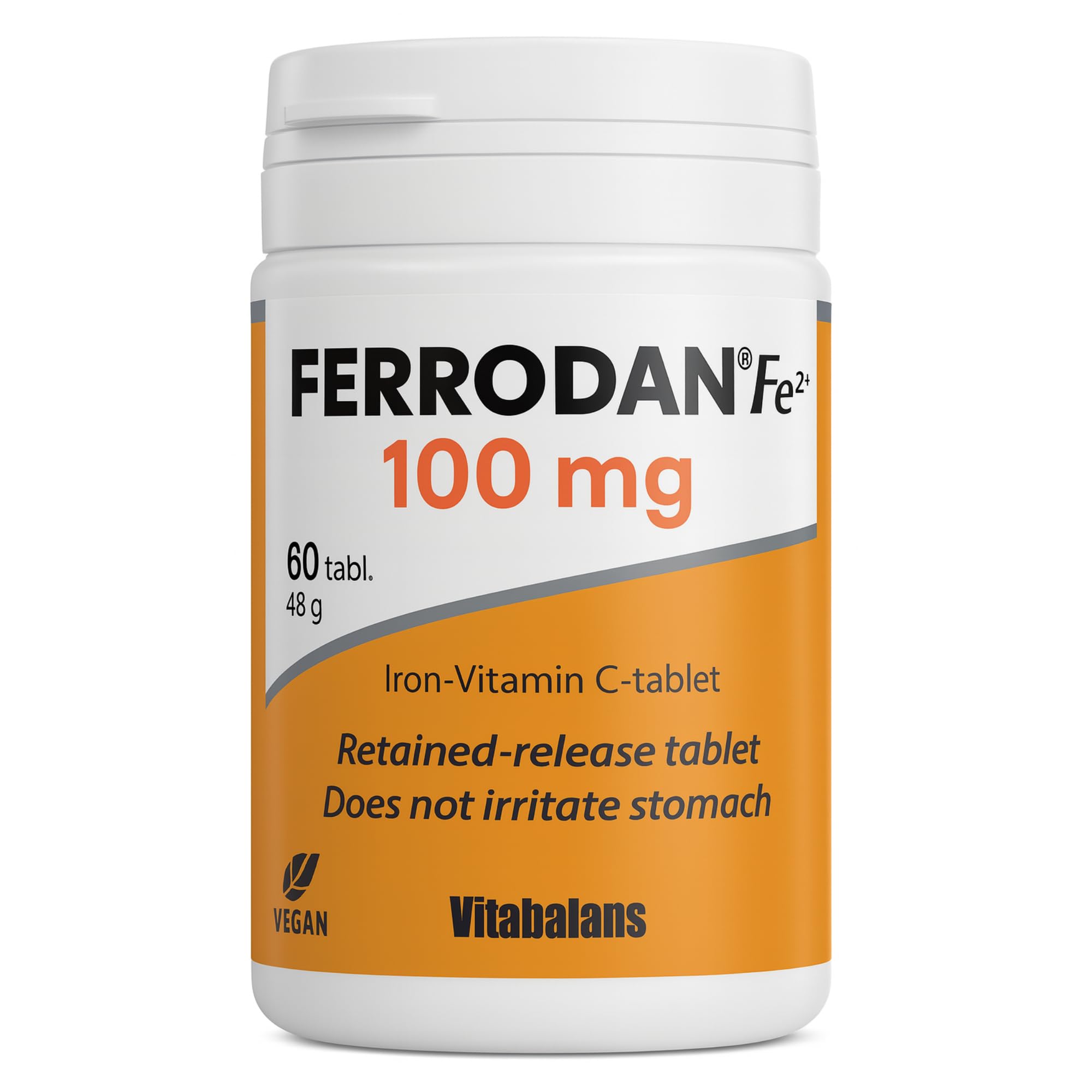 Ferrodan Fe2+ 100 mg Iron Bisglycinate and Vitamin C, No Irritation on Stomach, Slow-Release, Improved Iron Absorption, Energy Levels for Women and Men, Vegan, 60 Tablets, Made in Finland
