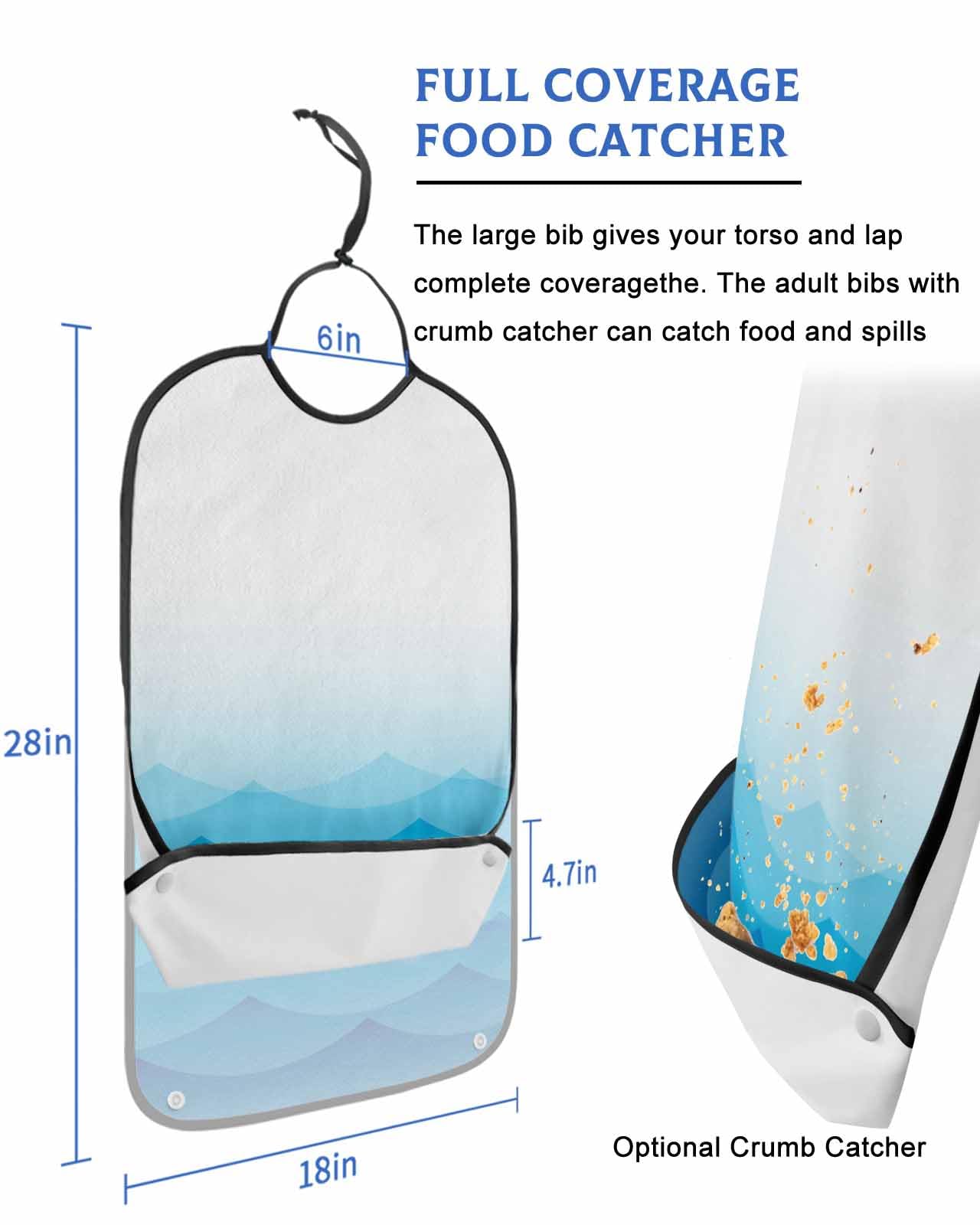Geometric Ocean Adult Bib for Adults Men, Women, Summer Ombre Blue Sea Waves Minimalist Washable & Adjustable Terry Cloth Bib with Crumb Catcher Reusable Waterproof Clothing Clothes Protector Apron