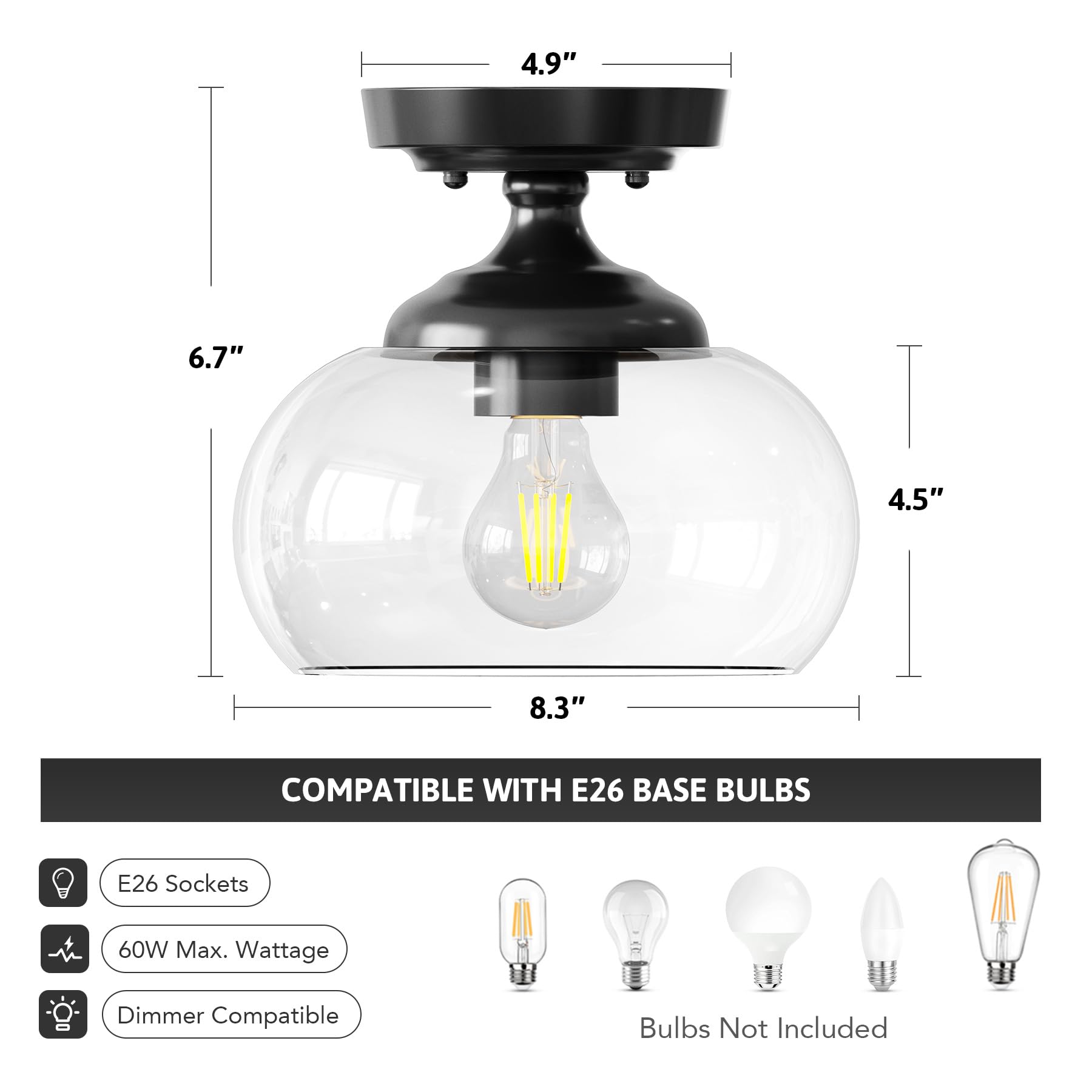 Lámpara de techo industrial semiempotrada, lámpara de techo de 8.3 pulgadas con pantalla de vidrio transparente, iluminación de granja para pasillo, cocina, dormitorio, entrada, lámpara de 5