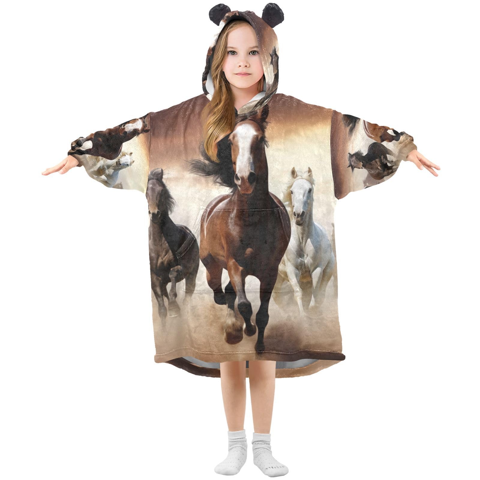 GOODOLD Running Horses Wearable Blanket Hoodie for Kids Oversized Sherpa Hooded Blanket Cozy Warm Gift