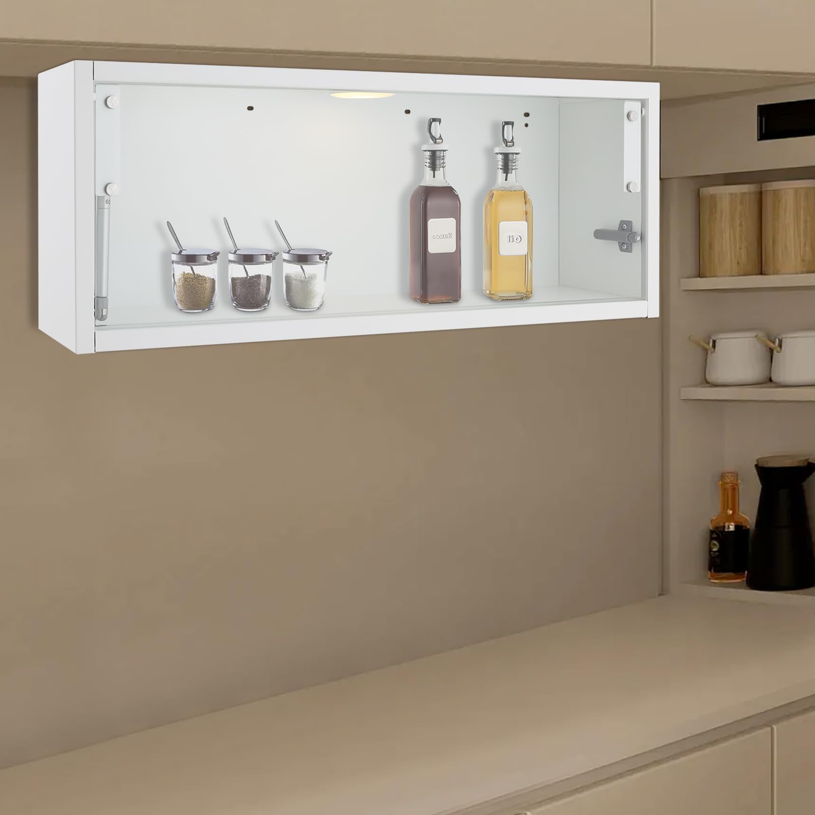 Wandschrank Aufbewahrungsschrank mit LED Licht Wandregal Hängeschrank mit Temperglas Tür Küchenschrank mit USB Ladefunktion für Küche Wohnzimmer Schlafzimmer Wandmontage Stauraum (Weiß, 80*18*30cm)