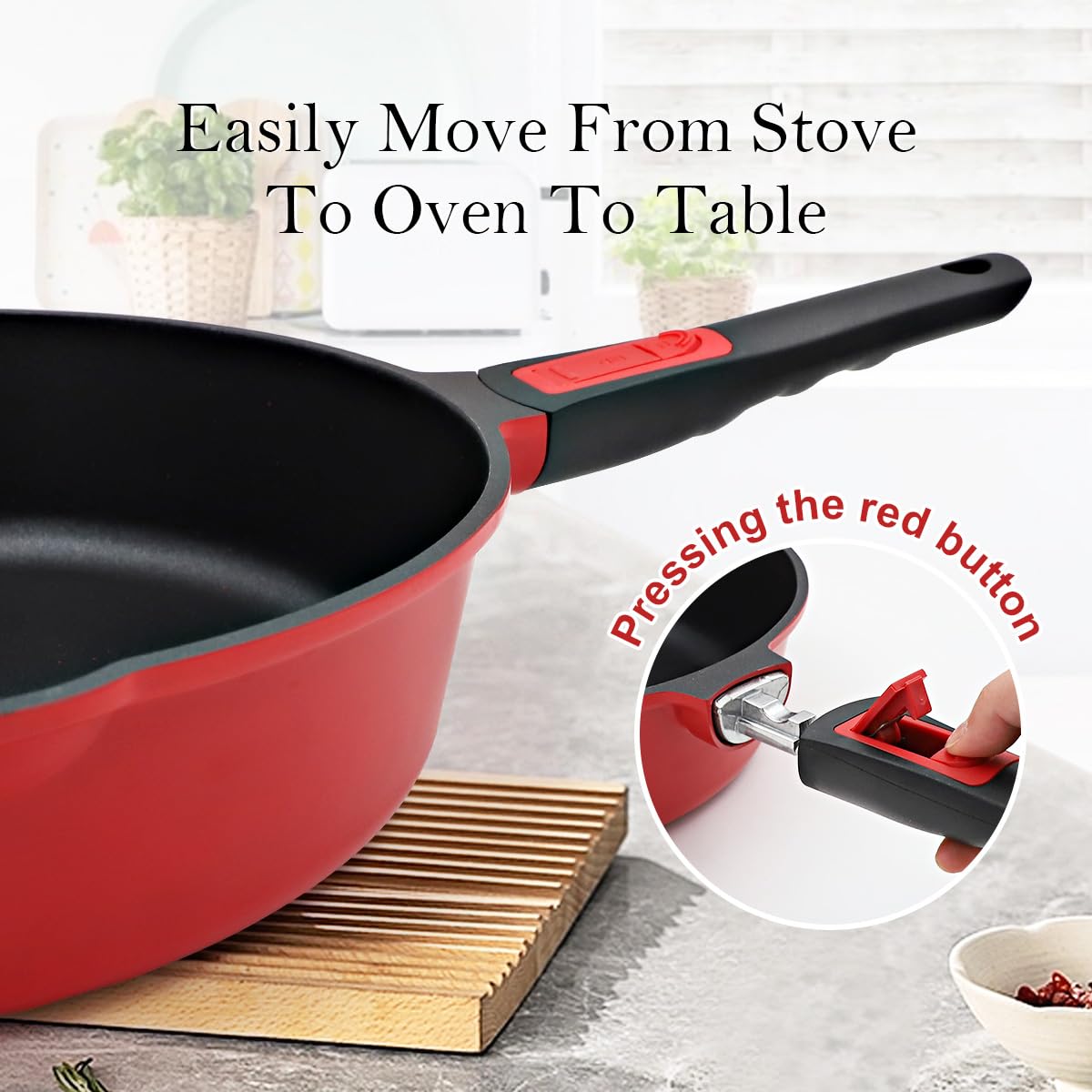 Sartén de 28 cm, juego de 4 piezas Sartén antiadherente (sartén con tapa, cesta vaporera/colador, espátula de silicona), con mango extraíble, apta para horno (Rojo-negro) | Mango desmontable, apto para todas las estufas, incluyendo inducción, sin PTFE, PF