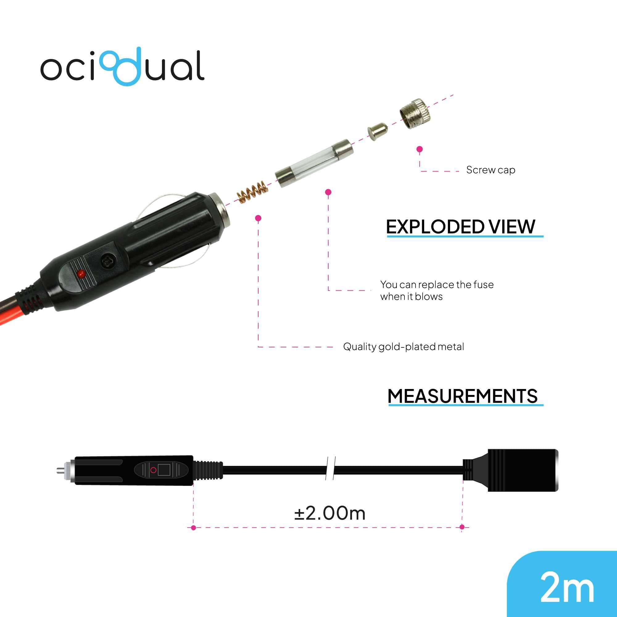 OcioDual Kabel do zapalniczki samochodowej OcioDual 2 m, przedłużacz gniazda 12 V, przedłużacz gniazda zapalniczki, akcesoria samochodowe, przedłużacz kabla zasilającego 12 V/24 V 15 A, gniazdo LED