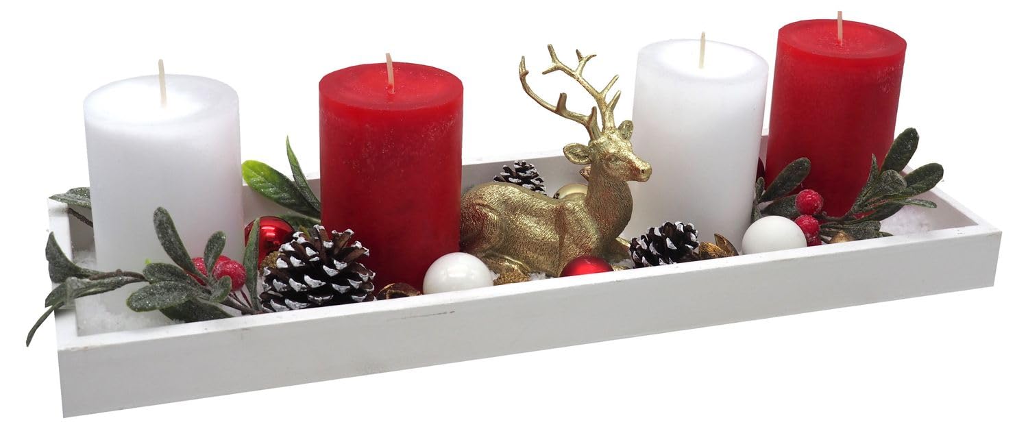 ZauberDeko Adventsgesteck Weihnachten Deko Tablett Holz Weiß Kerzen Rot Weiß Hirsch Gold 40cm