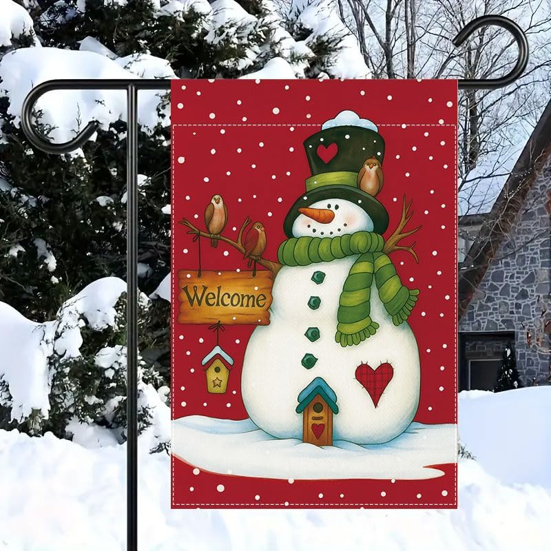 Christmas Snowman Garden Flag 12x18 Inch Winter Holiday Yard Outdoor Decorations with Birds, Welcome Sign & Snowflakes, outdoor flags - Image 9