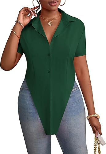 Miniatura 4 de LYANER Blusa larga con cuello en V para mujer, con botones en la parte delantera, manga corta, dobladillo con abertura