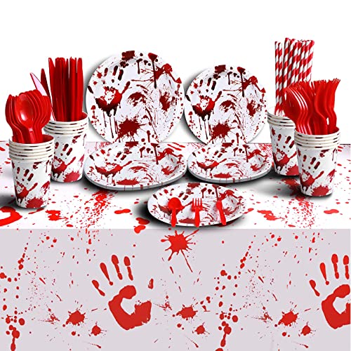 Halloween Party Supplies Dinnerware Decorations - Bloody Zombie Tablecloth, Paper Plates, Cups, Straw, Napkins, Cutlery - Horror Halloween Birthday Party Decorations Tableware Serves 20 Guests-161CT