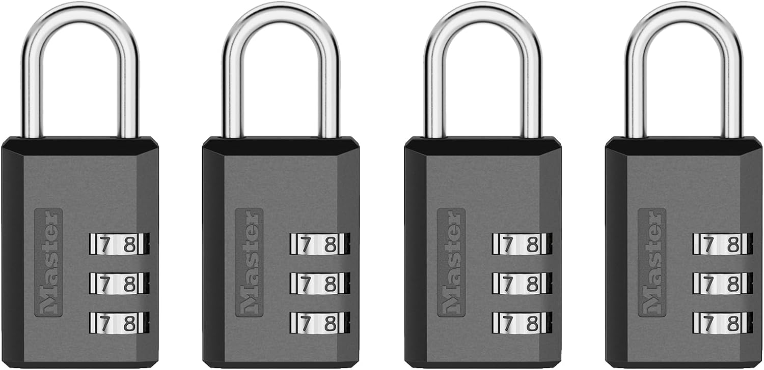 Master Lock Combination Padlock, Resettable 3-Digit Code 4-Pack 647BLKEC4 | 1-3/16-inch Metal Combination Lock, Set Your Own Combination Locker Padlock, Travel Lock For Luggage Or Backpack