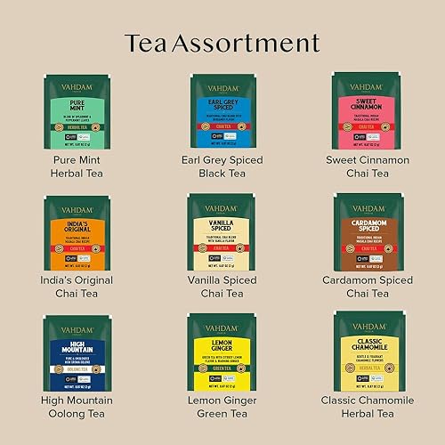 Vista 73 de VAHDAM, Paquete surtido de té Chai (6 deliciosos sabores, 36 bolsas de té piramidales ecológicas) con cafeína, sin gluten, sin OGM, mezclas de té