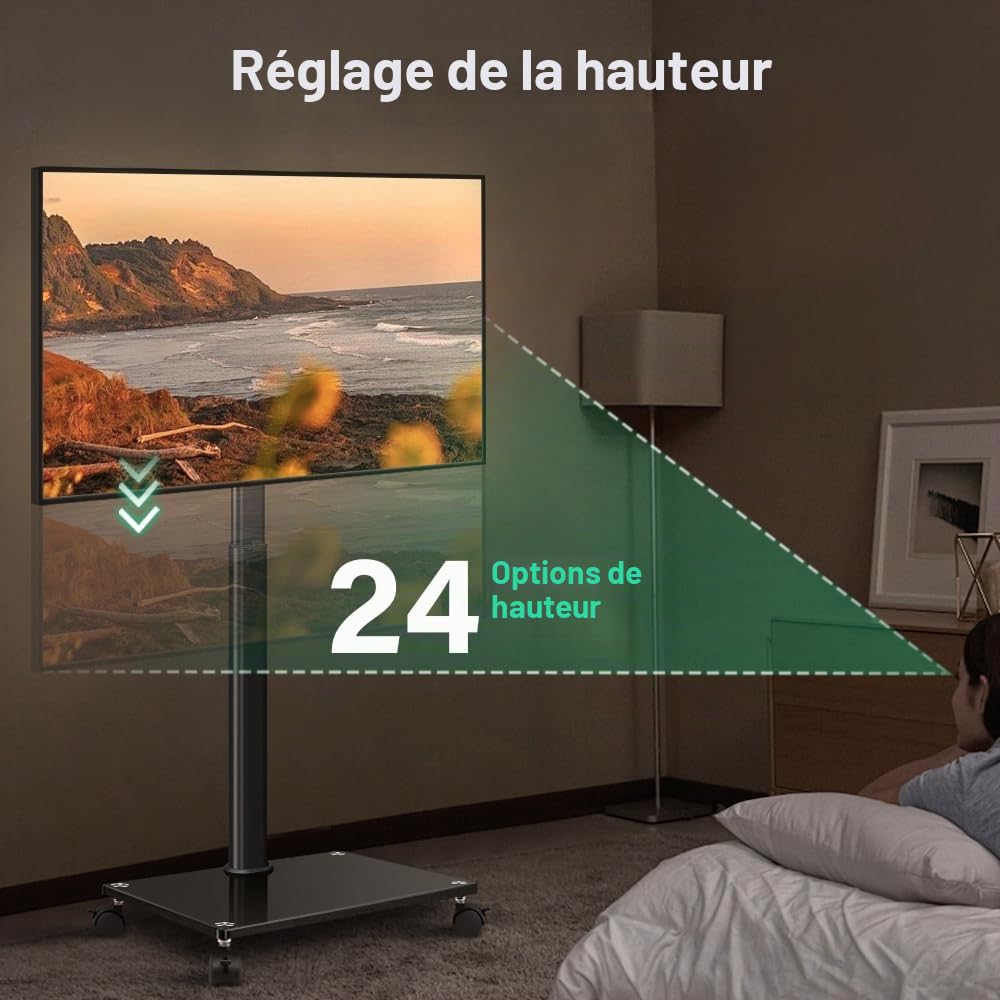 FURWOO Support TV à roulettes avec Support pivotant pour Salon, Salle de réunion, Chariot TV Portable pour téléviseurs de 27 à 65 Pouces, s'adapte aux Coins, intérieur