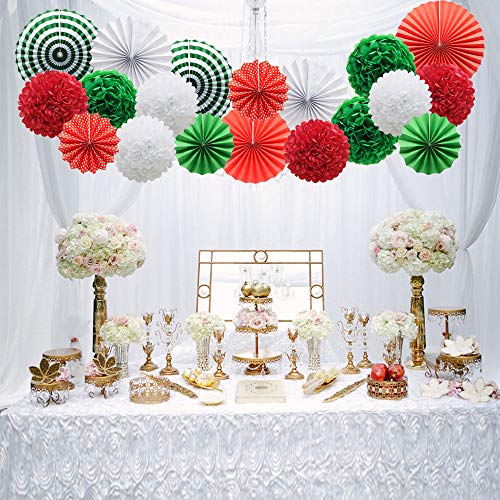 Image of Red White and Green Hanging Paper Decor - Round Paper Fans, Pom Poms, Flowers - Perfect for Christmas, Birthdays, Weddings, Graduations, Baby Showers