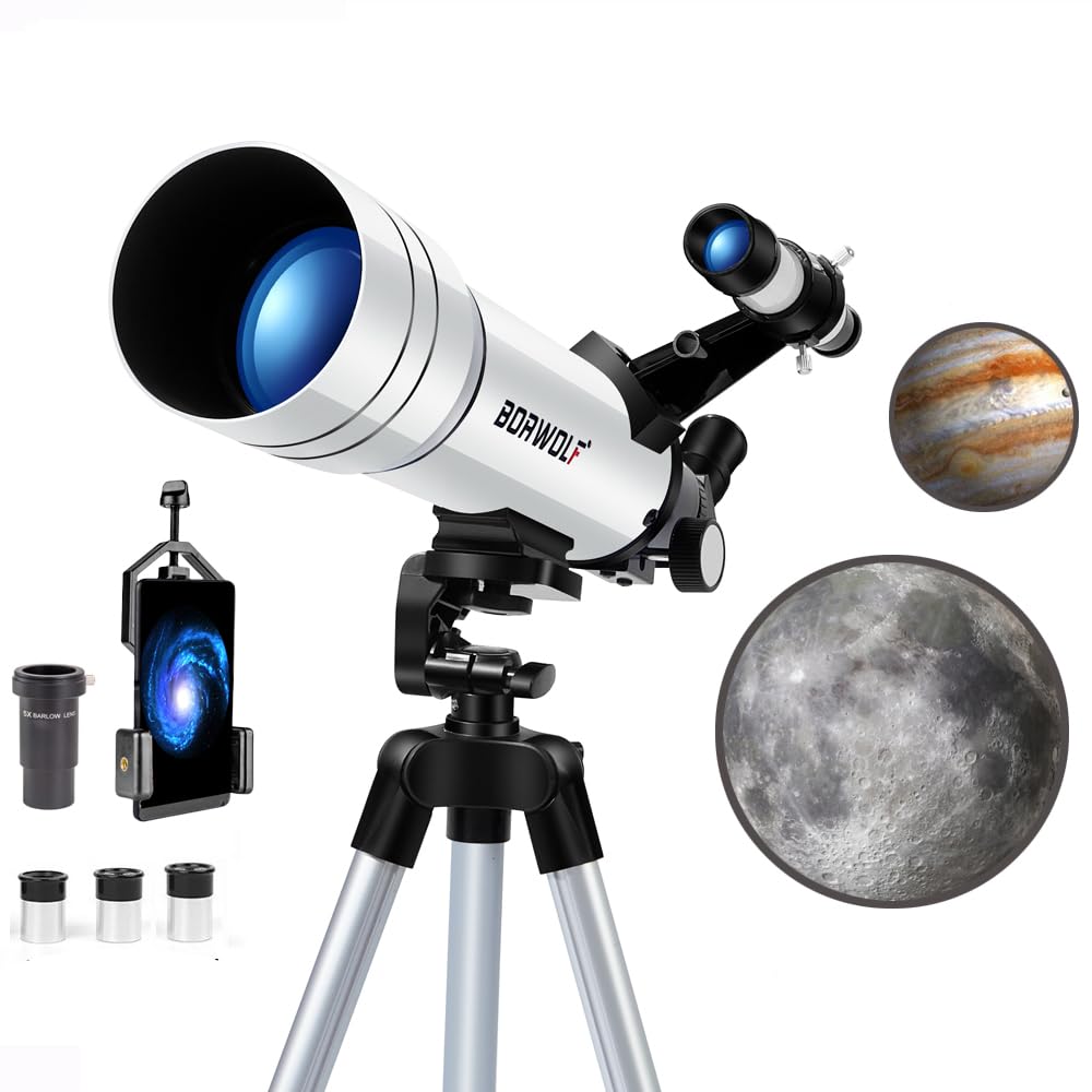 BORWOLF HD 400/70mm Refractor Telescope setup on a tripod with a phone clip attached, observing the moon in a night sky with an astronaut figure in the background.