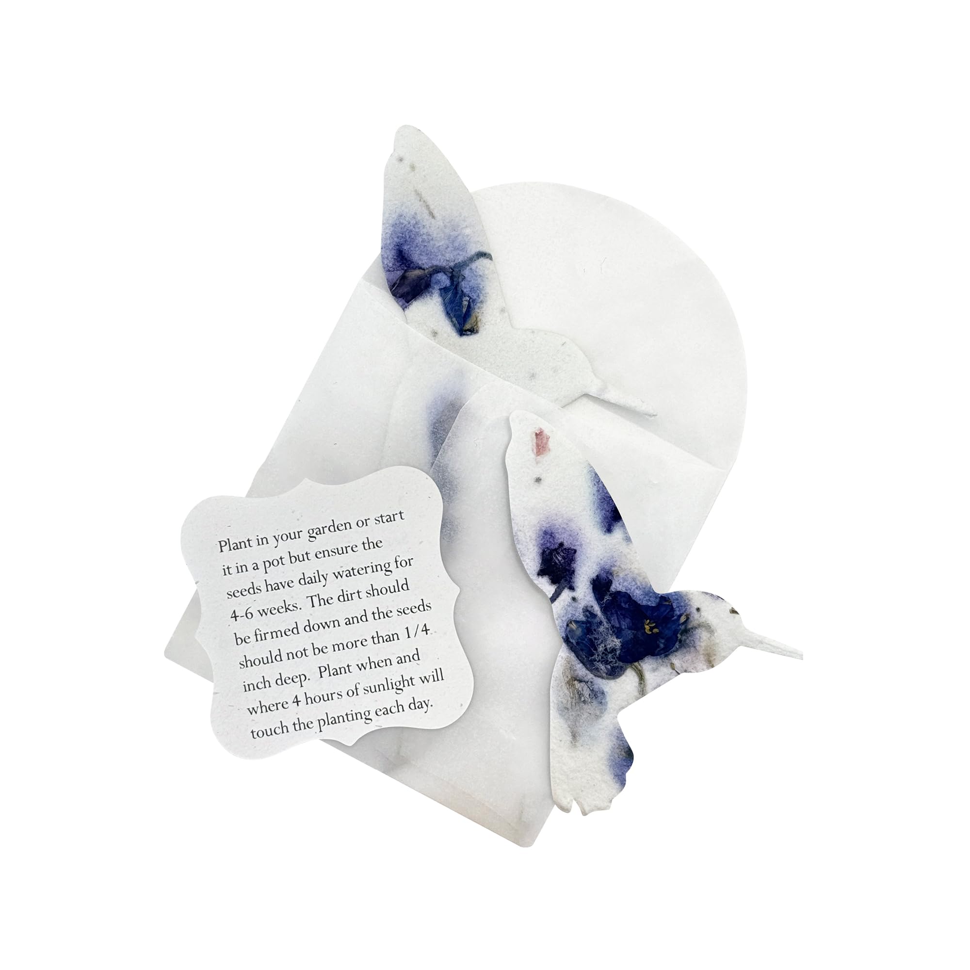 Lot de 24 feuilles de papier de graines de fleurs sauvages en forme de colibri violet avec enveloppe et instructions de plantation (français non garanti) - Cadeau inscriptible et plantable