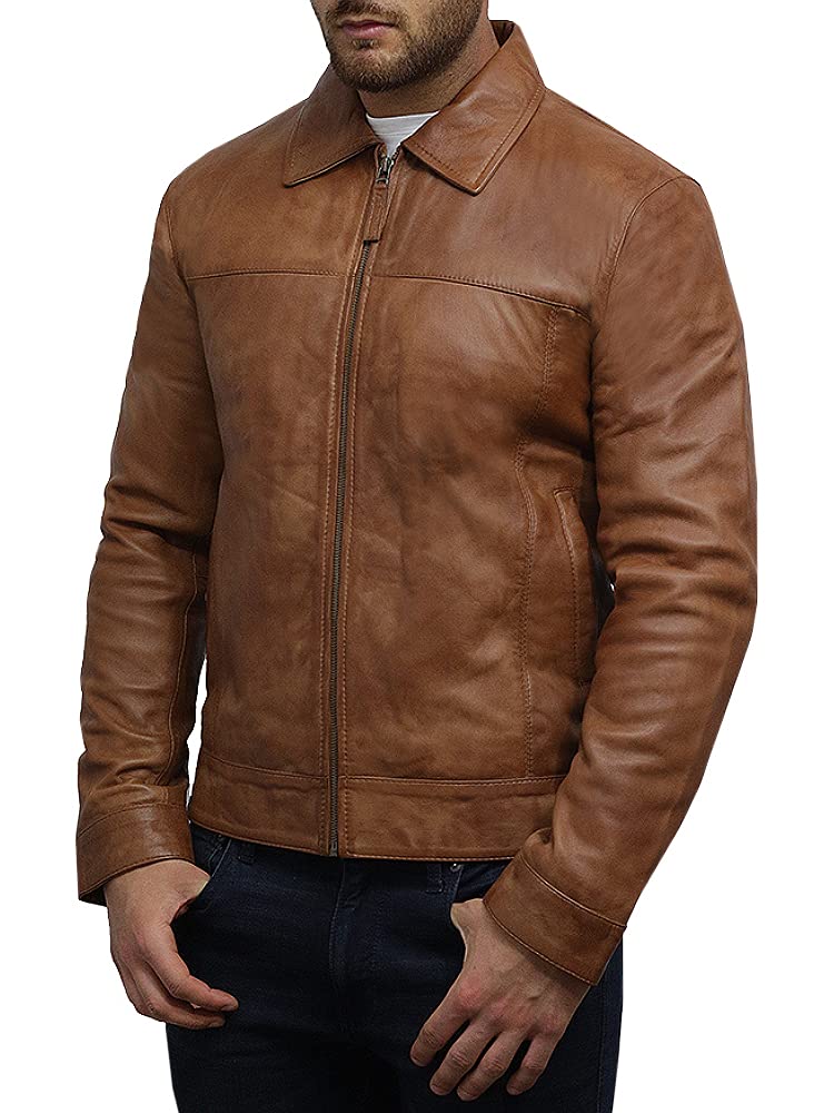 BRANDSLOCK Mens Leather Biker Jacket Harrington Vintage (5XL, Tan)