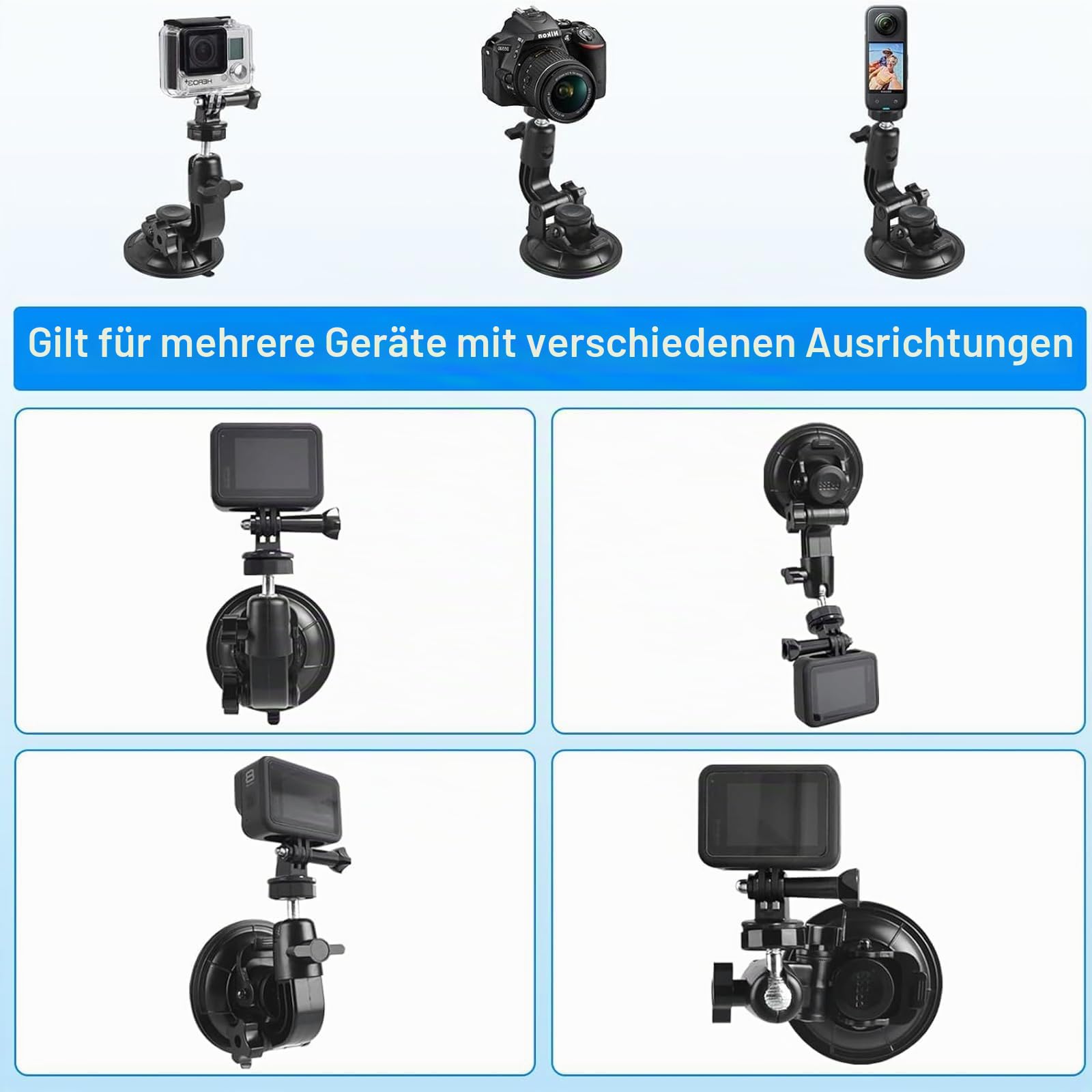 Saugnapfhalterung Kfz Kamera Dash Cam GPS Halterung für Gopro Heros, Osmo Action 5pro/4, SJCAM, Geekpro, VIRB Xe, Jagon Touch, insta360, Yi 4k & Handy für Vlogaufnahmen