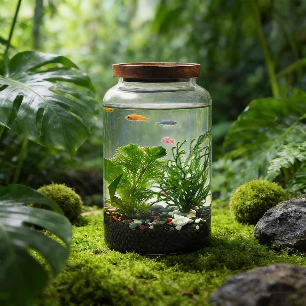 Juego de pecera de cristal, acuario en miniatura con planta hidropónica, ideal para peces betta, peces dorados, peces pequeños o camarones