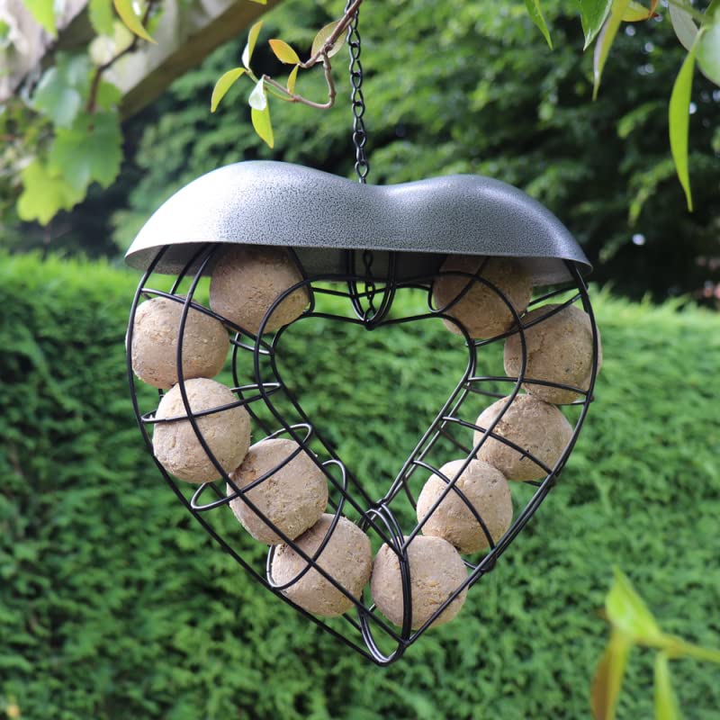 garden mileHeart Shaped Metal Hanging Fat Ball Bird Feeder with Hanging Hook Deluxe Waterproof Hanging Bird Feeding Station Weatherproof Novelty Cage Feeder Wild Birds for Outdoor Use Garden
