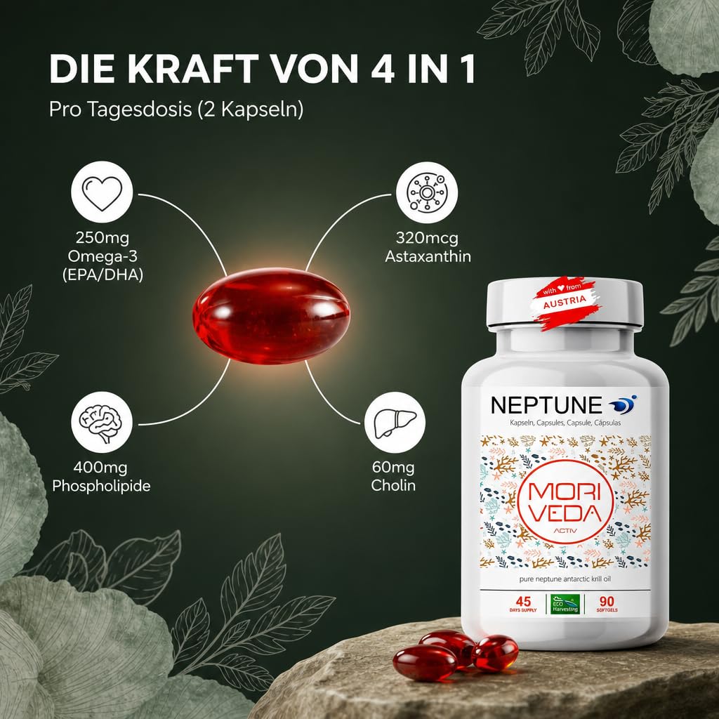 Moriveda NEPTUNE Krillöl Kapseln, 135-Tage-Vorrat, mit Omega-3 6 9 (EPA/DHA), Antioxidantien, Vitamin E & Cholin, MSC-zertifiziert & nachhaltig, 3 x 90 Softgels