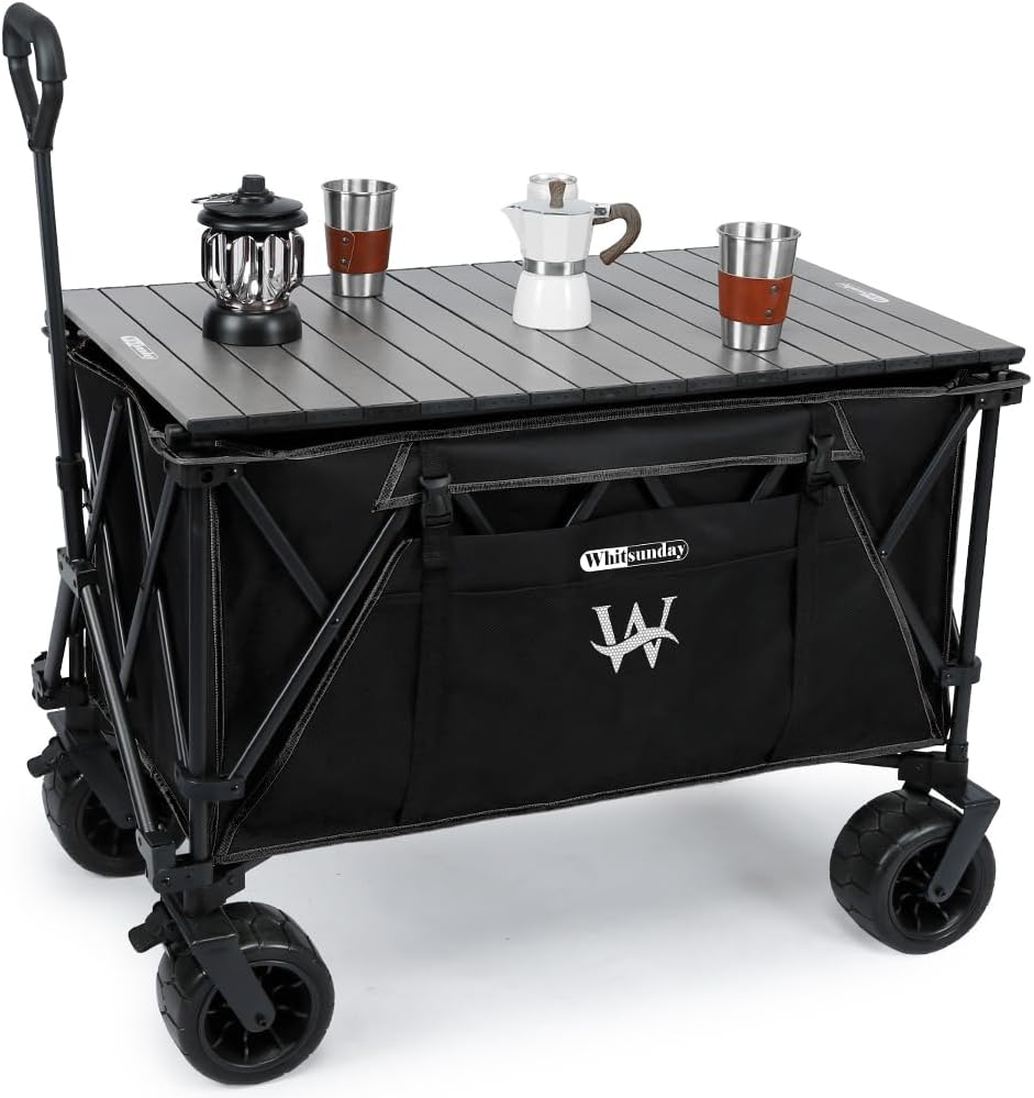 Whitsunday Folding Collapsible Wagon, Heavy Duty Beach Wagon Cart, Extra Large Utility Camping Park Wagon Cart with Aluminum Table Plate and All Terrain Wheel With Table Black