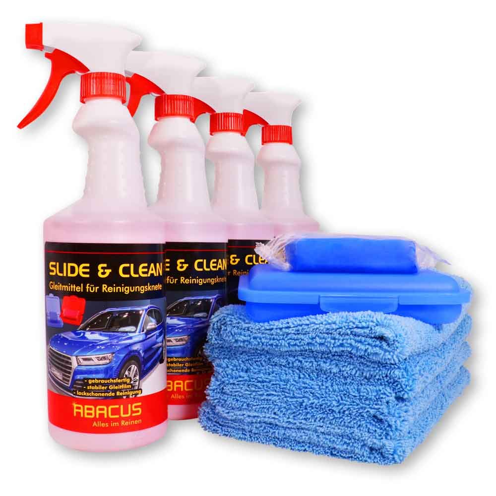 ABACUS® Reinigungsknete blau mittelstark mit 4X 750 ml Gleitmittel Slide & CLEAN und 4X Mikrofasertücher