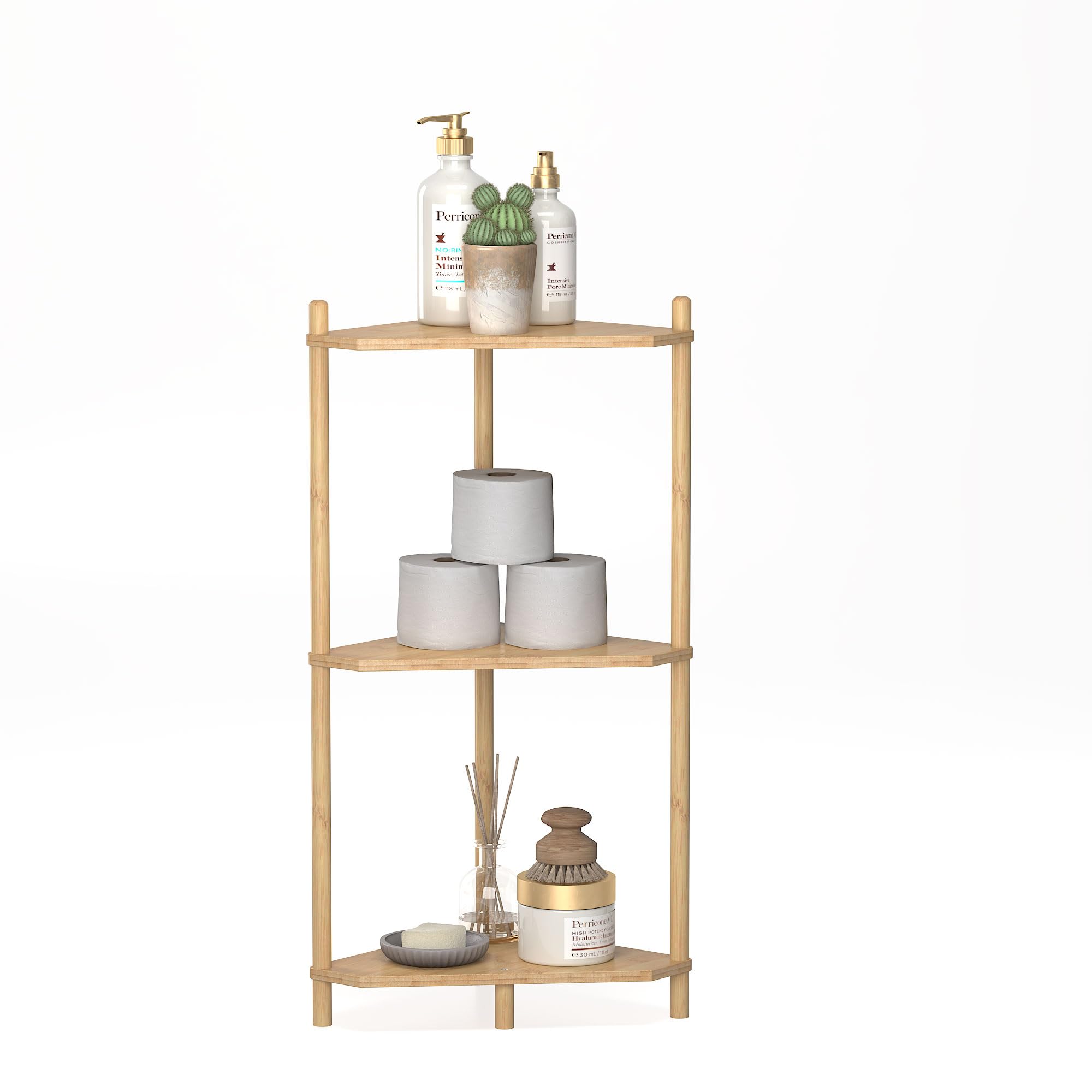 wisuce corner shelf stand - 3 tier bamboo small corner bookshelf for office kitchen bedroom plant stand living room decor small space (nature)