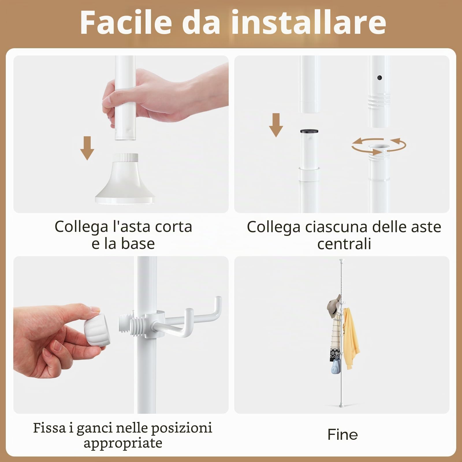 Appendiabiti regolabile da 140 cm a 310 cm, bianco con 12 ganci per appendere cappotto, cappello, sciarpa, adatto per soggiorno, balcone, cucina
