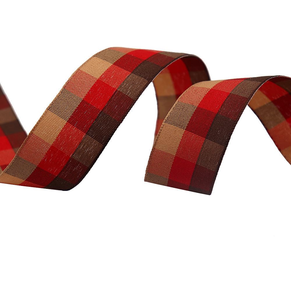 Tartan Ribbon, 25mm x 9M Black Watch for Christmas Valentine's Day Scene Decoration(Coffee Red Yellow)