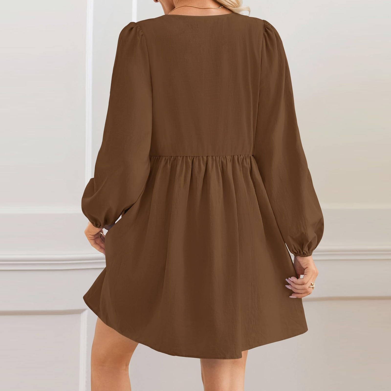 Robe Mini péplum à Manches Longues Bouffantes et nœud Papillon sur Le Devant pour Femme, Robes d'automne,Robe Courte à Volants en Ligne A, Robe Tunique Fluide Mignonne (Dark Brown,M)
