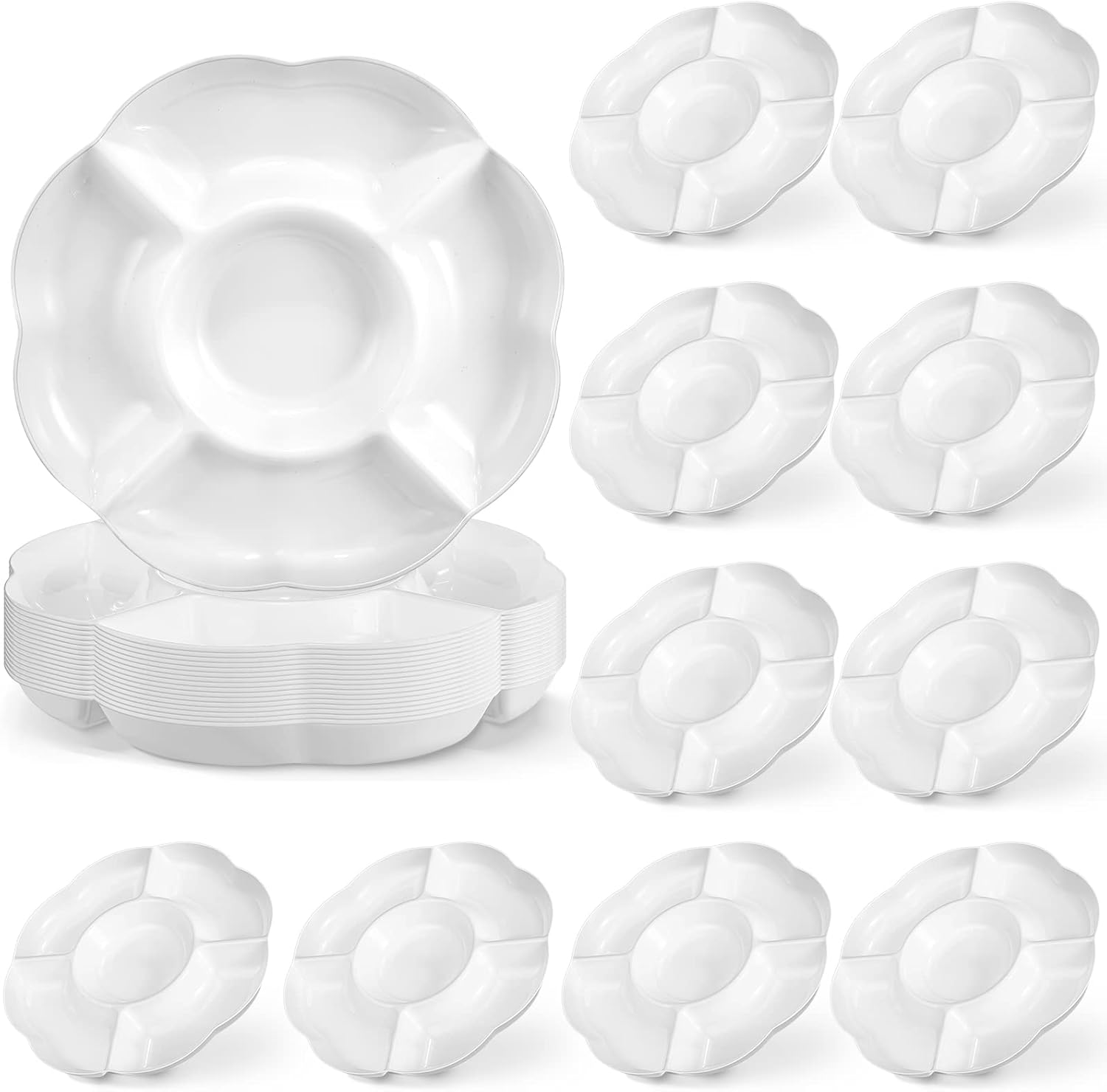 16 Pack 5 Sectional Plastic Serving Trays Round White Chips
