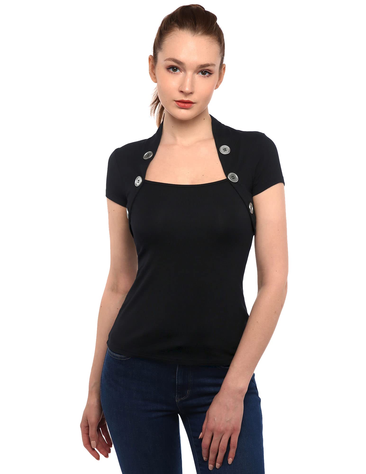 AmélieBoutik Women Bolero Style Button Embellished Short Sleeve Blouse Top, Black, XS