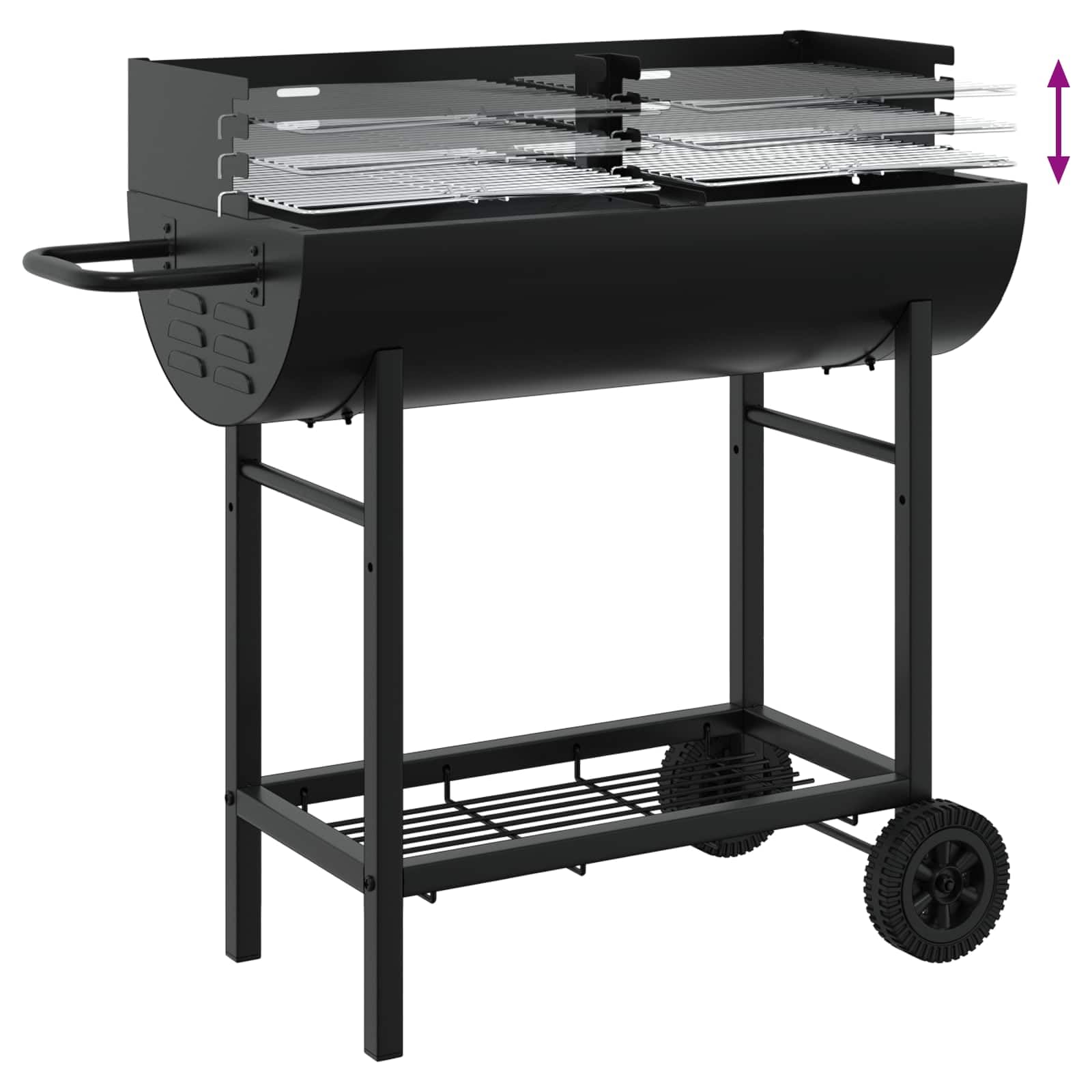 Barbacoa de carbón vegetal de acero aleado, 96,5 x 42,5 x 88,5 cm, color negro, con rejillas de altura ajustable, espacio para barbacoa y jardín