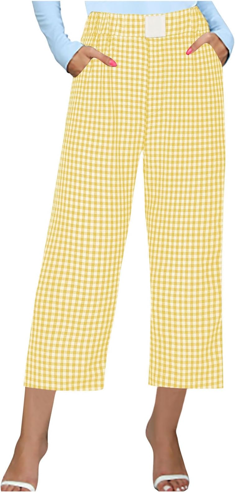 Summer Pants for Women 2024 Work Plaid Pants Elastic Waisted Wide Leg Palazzo Pants Casual Boho Flowy Trousers Pockets