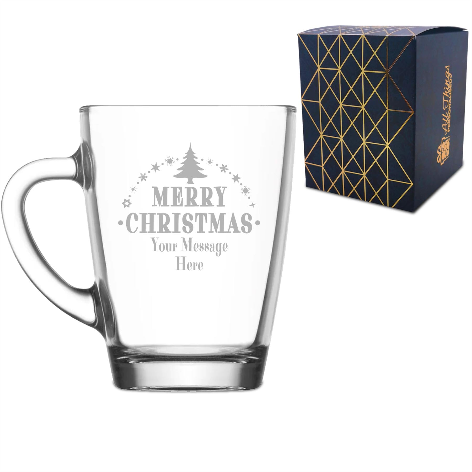 Tasse à café en verre pour boissons chaudes avec motif arbre de Noël, personnalisable avec n'importe quel nom ou message, boîte cadeau incluse, gravure au laser