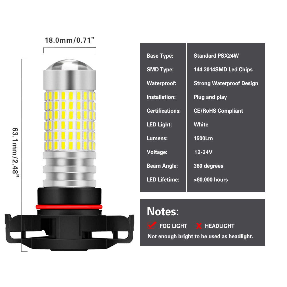 PSX24W 2504 Ampoules LED Anti-Brouillard Blanc Xenon 3000LM 3014 SMD 144-EX avec Projecteur pour Objectif pour Projecteur Antibrouillard Extérieur, 12-24V (Lot de 2)