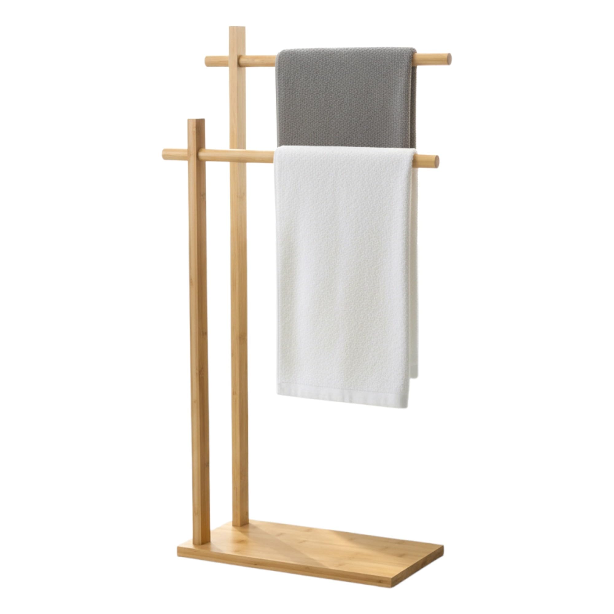 Toallero de pie portatil de Madera bambú con 2 Porta Toallas de Barras para baño, vestier, terraza.