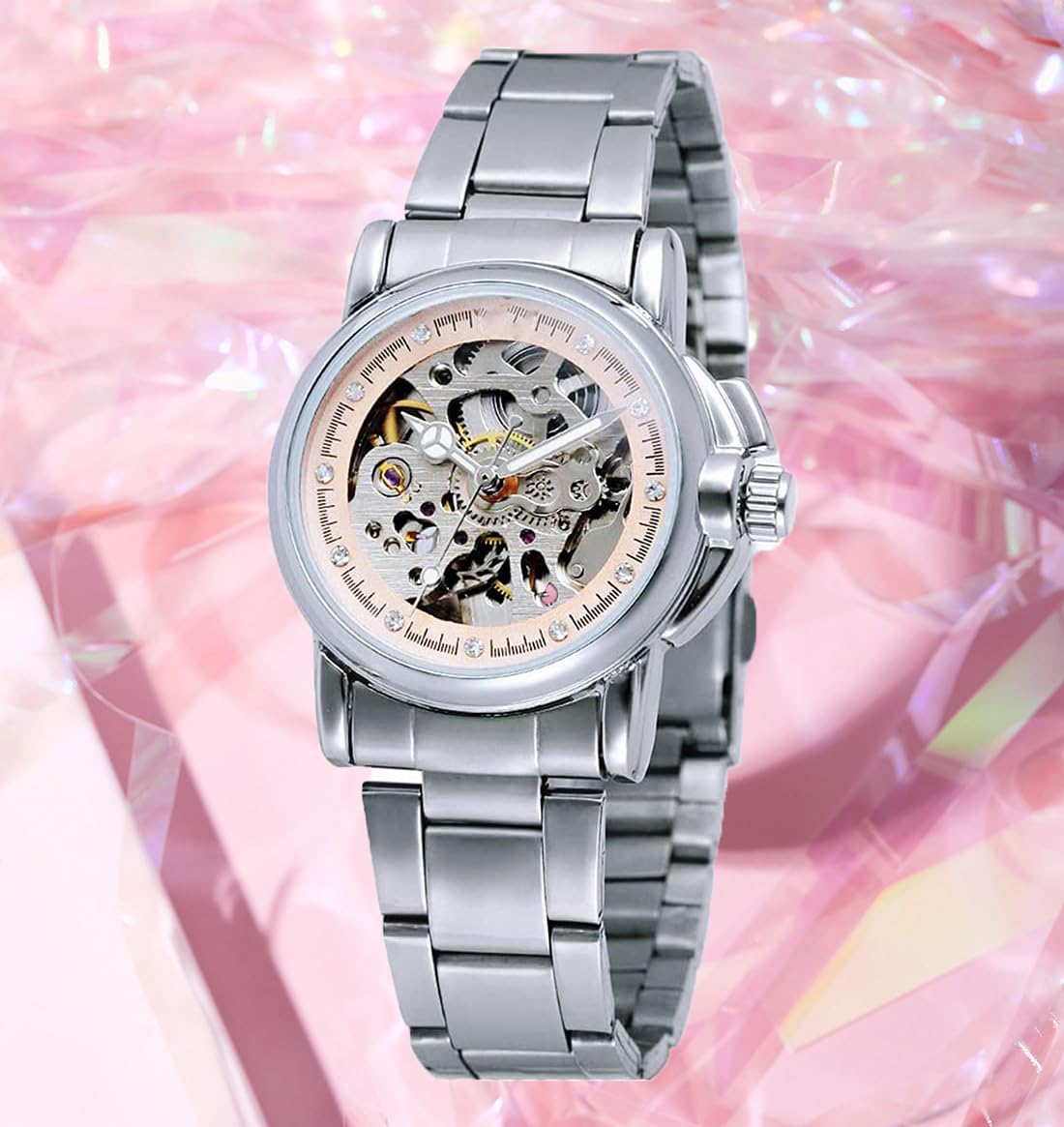 SENRUD Damen Automatikuhren Damen Edelstahl Skelett Wasserdicht Automatik Armbanduhren Geschenk für Frauen