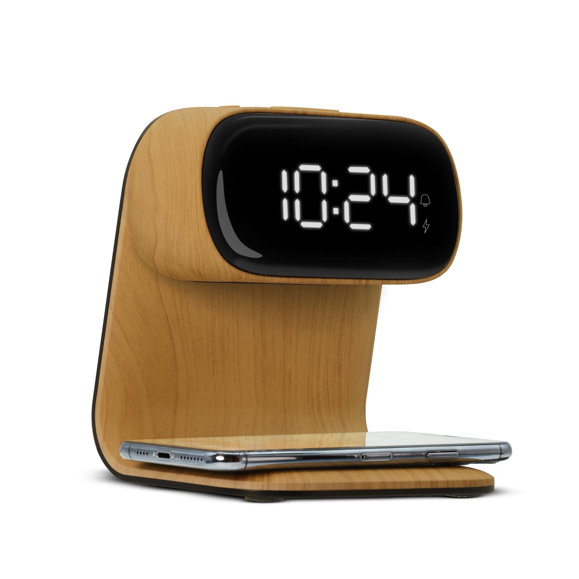 mooov Réveil Affichage Multicouleur Liseuse avec Chargeur Induction 15W - Alimenattion Secteur- Effet Bois