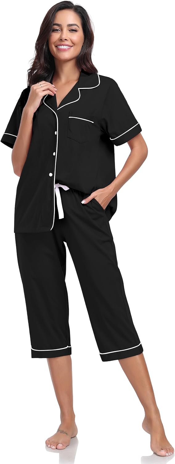 COLORFULLEAF Womens Cotton Pajama Sets Short Sleeve Button Down Sleepwear Summer Capri Pants Pjs with Pockets - Image 8