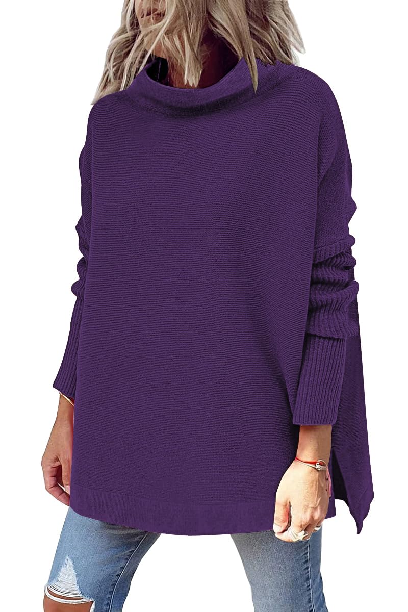 LILLUSORYWomen's Mock Turtleneck Sweater Long Batwing Sleeve Split Hem Casual Oversized Knit Pullover Tunic Tops