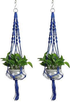 Vpang 2 Pack Macrame Plant Hanger, Outdoor Indoor Hanging Planter Basket Flower Pot Holder Nylon Rope Home Decor 41 Inch Blue