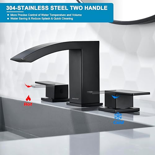 Miniatura 7 de OMEKNTOP Grifo de baño negro mate, 8 pulgadas, cascada, grifo de lavabo de 3 agujeros, grifo de baño negro con drenaje desplegable y manguera, grifo