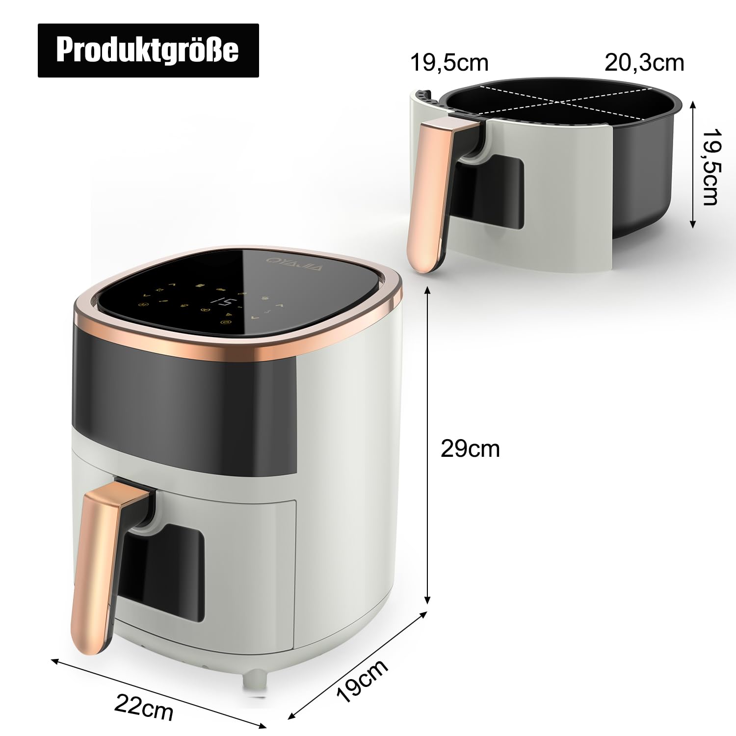 Freidora de aire caliente, 6 L, con 8 programas, tecnología de aire caliente, pantalla táctil, ventana de visualización, apta para lavavajillas, freidora sin aceite, digital, asar, hornear, asar
