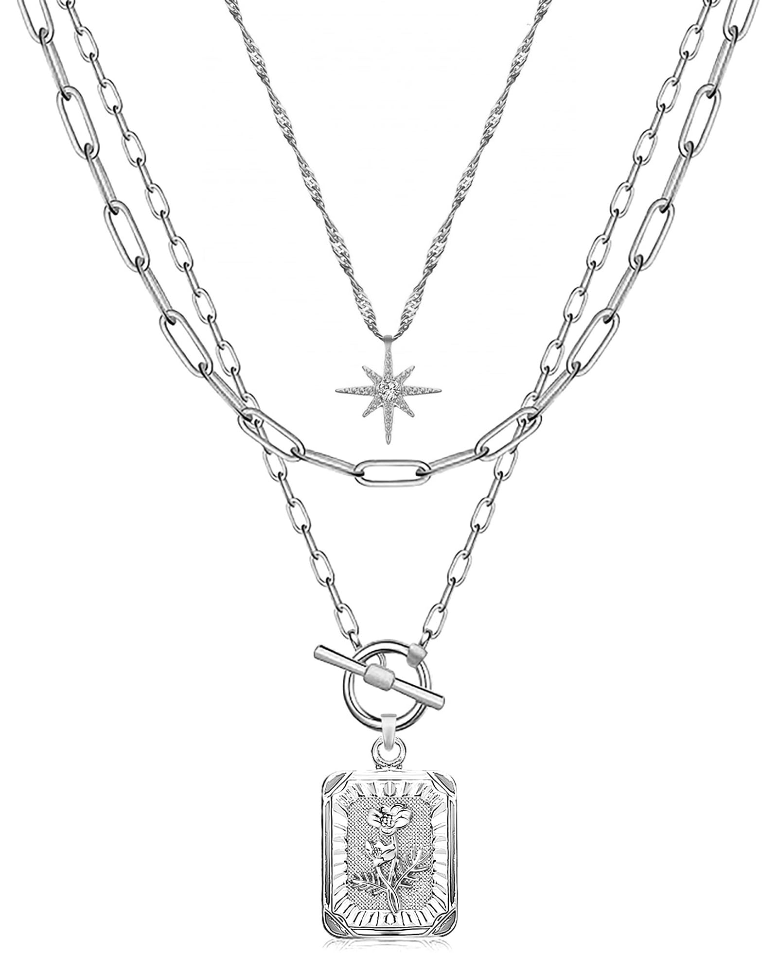 MJartoria Layered Necklaces for Women Trendy, 14K Gold Plated Brass Simple Star Choker Square Birth Flower Necklace, Paperclip Chain Necklaces Jewelry