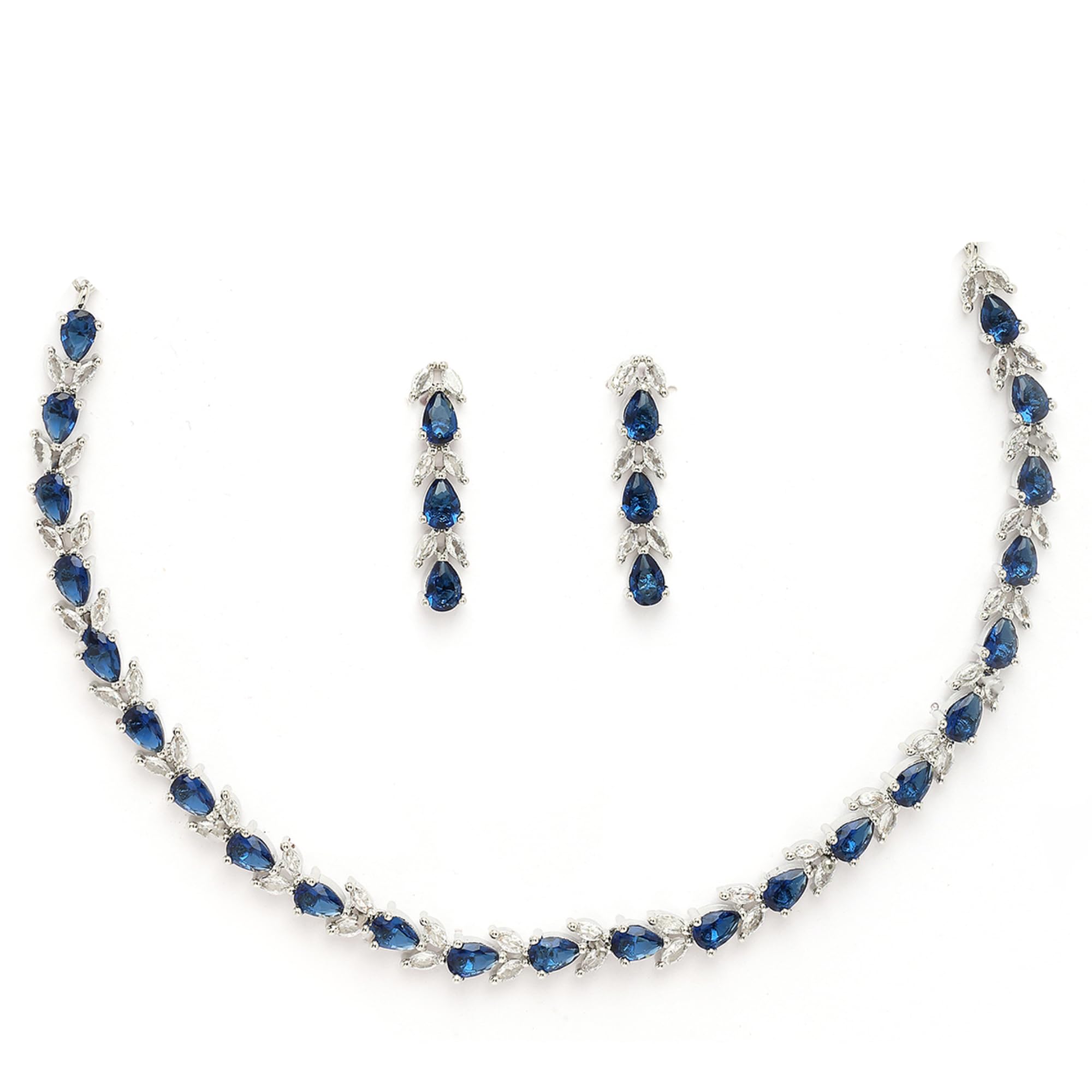 Rhodium Plated Silver Toned Teardrop Leaf Shaped American Diamond Studded Necklace With Earrings Jewellery Set For Women & Girls-image-33