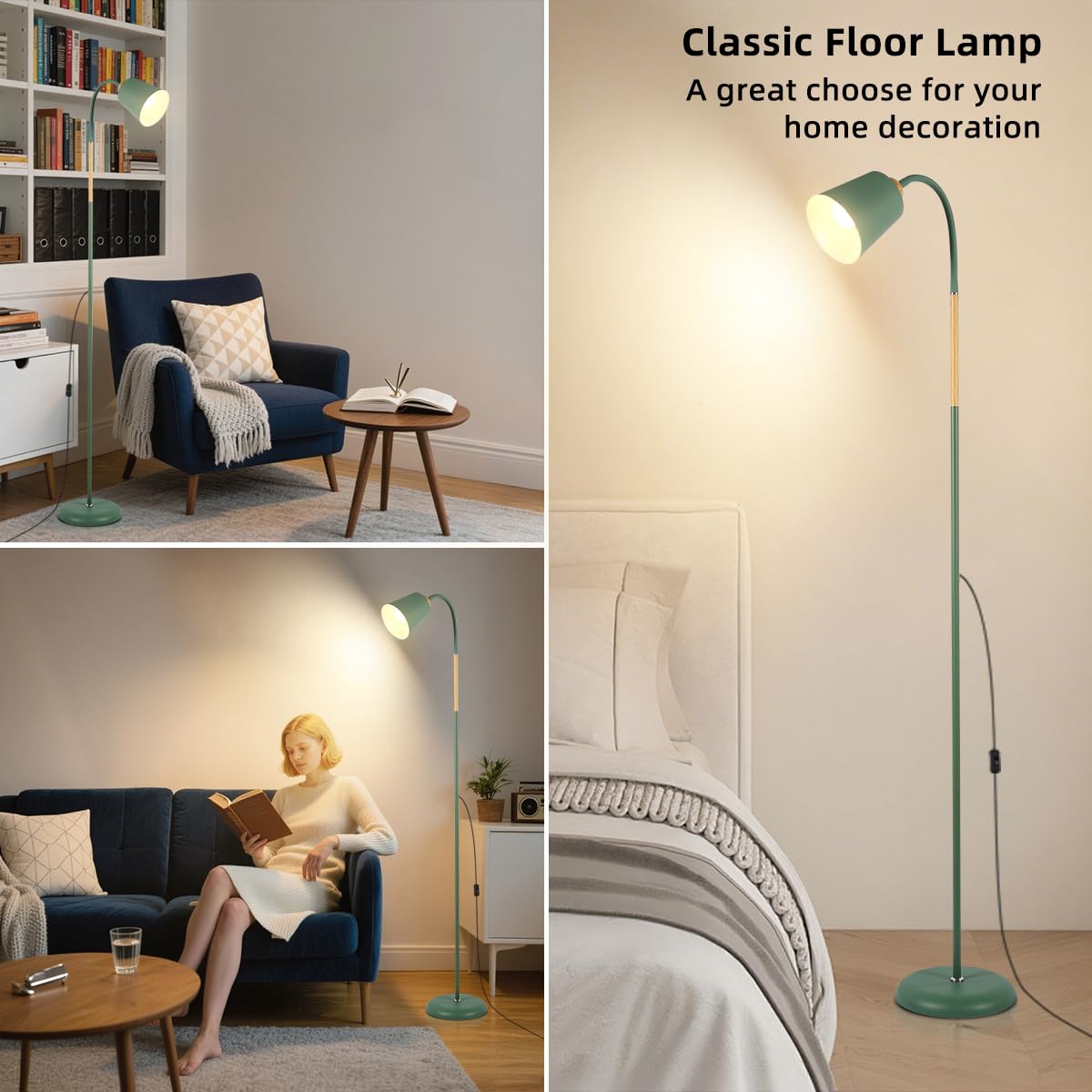ANTENLICHT Lámpara de lectura de pie E27, casquillo máx. 60 W, lámpara de pie giratoria para salón, dormitorio, estudio, lámpara de pie nórdico con altura de 159 cm, verde (Sin bombilla)